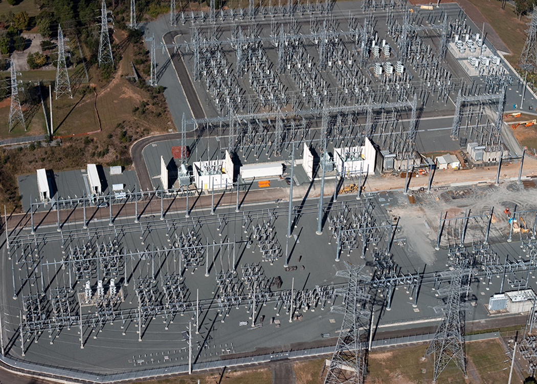 An aerial view of an electrical power plant.
